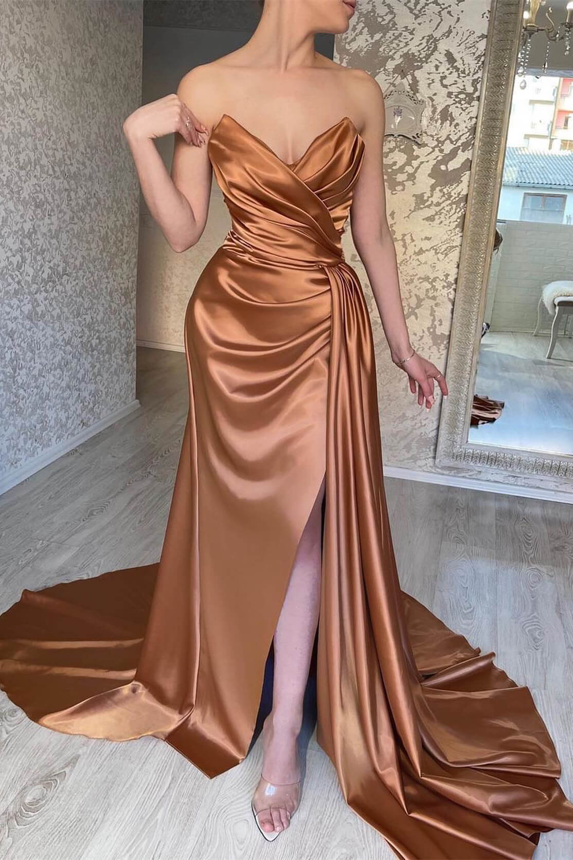 Brown Sweetheart Sleeveless Mermaid Prom Dress Split With Ruffles ED0120