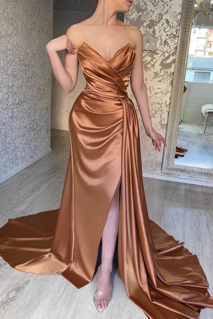 Brown Sweetheart Sleeveless Mermaid Prom Dress Split With Ruffles ED0120