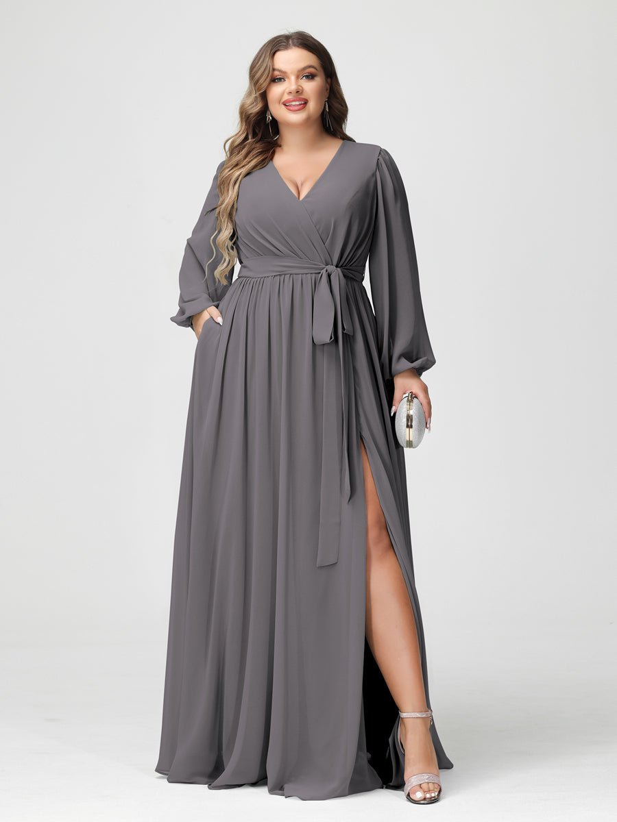 A-Line/Princess V-Neck Long Sleeves Chiffon Plus Size Bridesmaid Dresses with Pockets