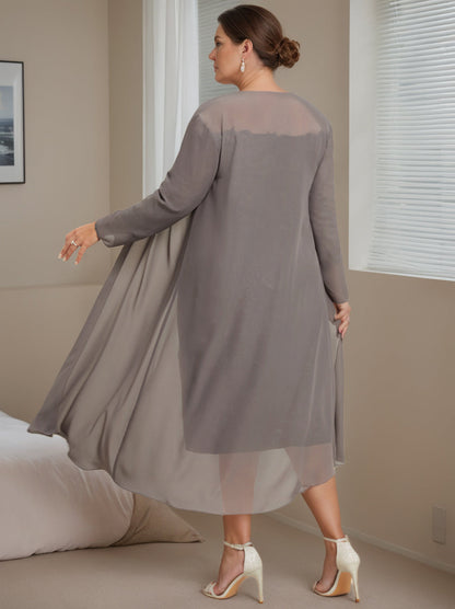 Sheath/Column Off-the-Shoulder 3/4 Length Sleeves Knee-Length Plus Size Mother of the Bride Dresses with Jacket