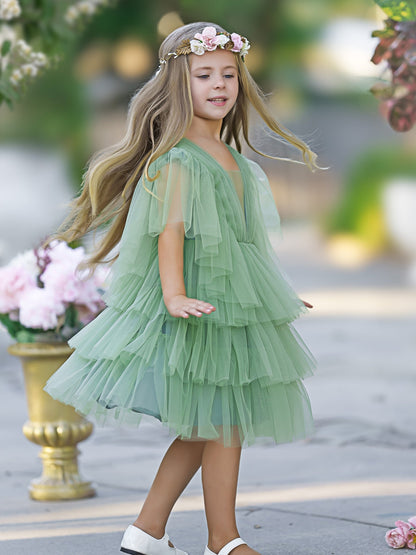 Enchanted Garden Fairy Elegant Tulle Green Flower Girl Dress