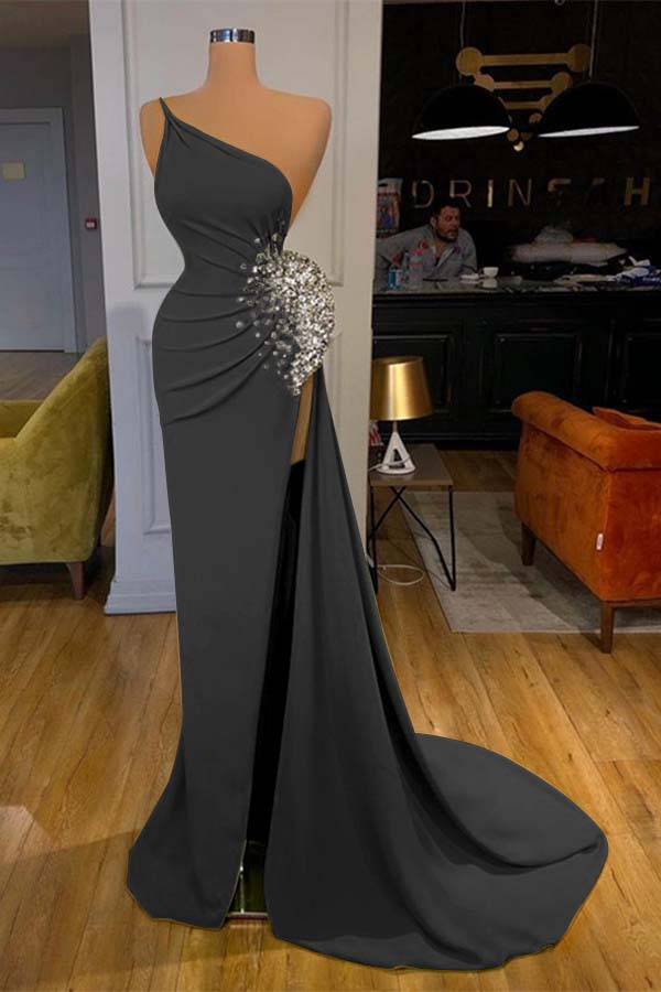 Green One-Shoulder Sleeveless Beadings Mermaid Prom Dress Split ED0025