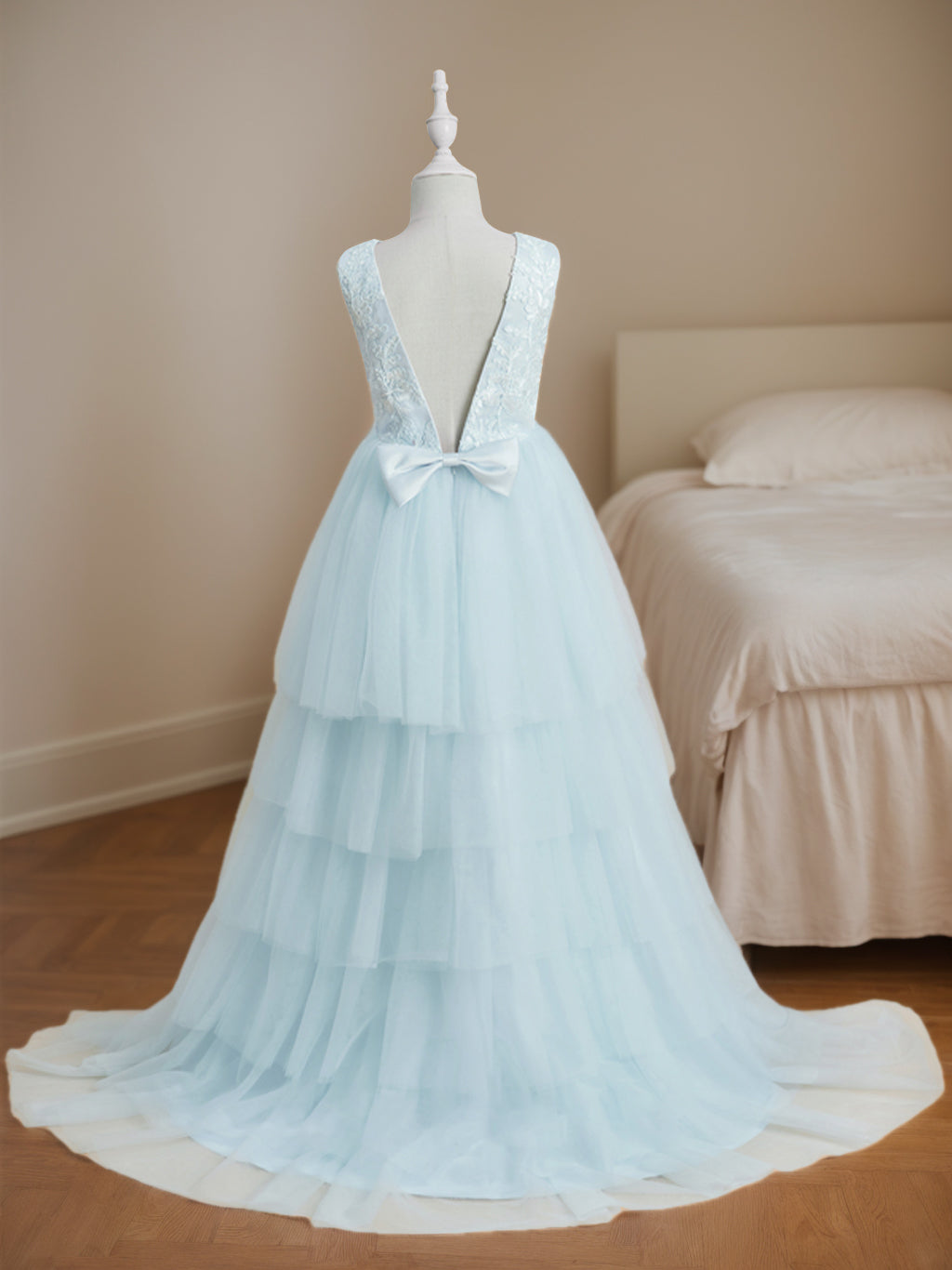 Ball-Gown Scoop Neck Sleeveless Asymmetrical Flower Girl Dress with Bowknot