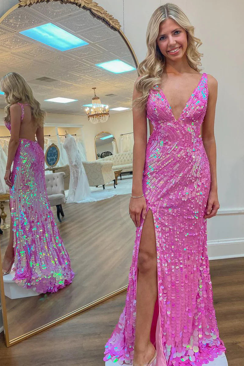 Pink Sequins Prom Dress Long V Neck Backless Sleeveless High Slit Gown YH0060