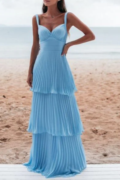 Sky Blue Semi-formal Pleated Layered Long Prom Dress ZT0581