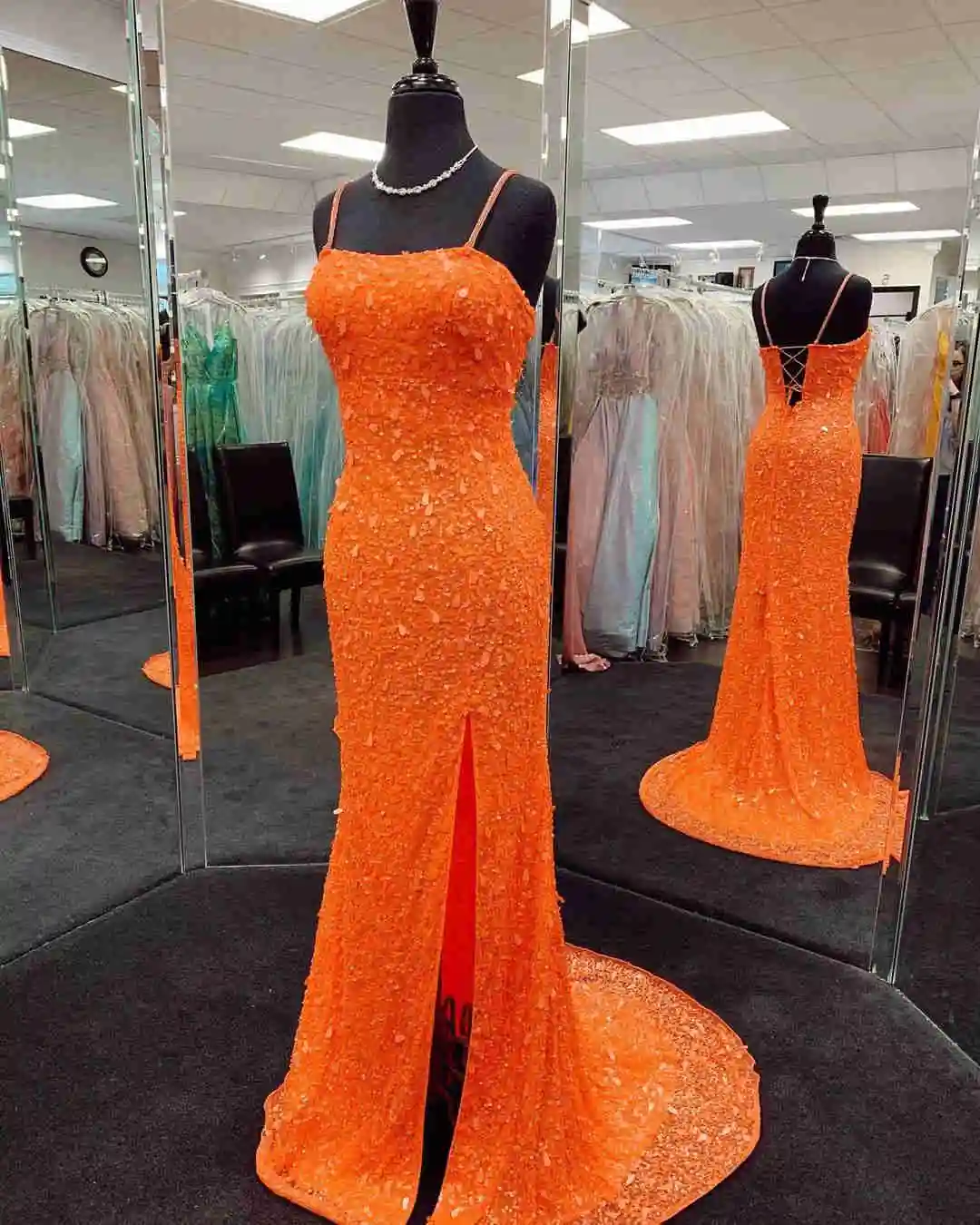 Mermaid Sequined Orange Prom Dress with Slit gh842