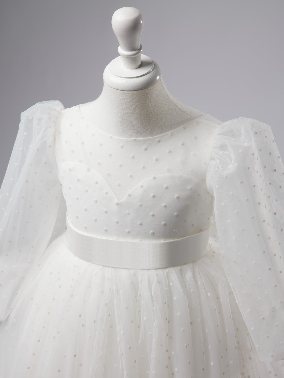 Elegant Polka Dot Tulle Puff Sleeve Sweep Train First Communion Flower Girl Dress