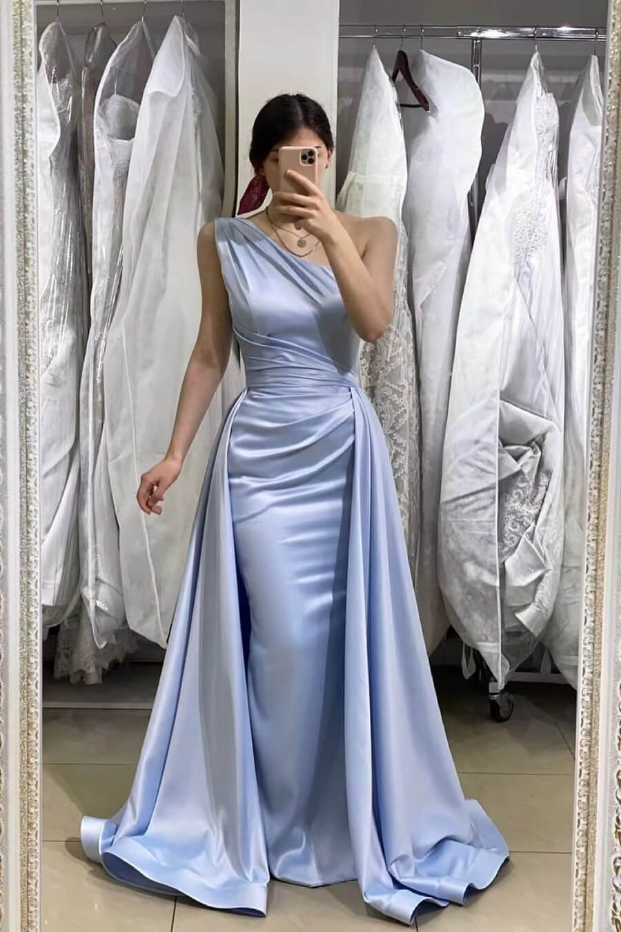 Light Blue One-Shoulder Sleeveless Long Mermaid Prom Dress With Detachable Skirt ED0208