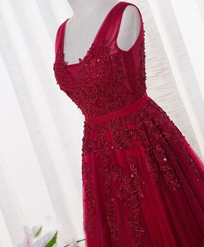 Charming Wine Red Bridesmaid Dress, Lace V-Neckline Party Gown gh541