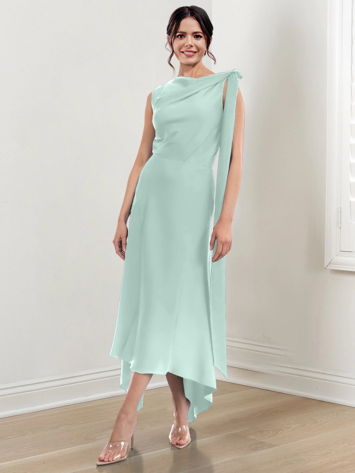 Sheath/Column Jewel Neck Tea-Length Asymmetrical Mother of the Bride Dresses with Ruched