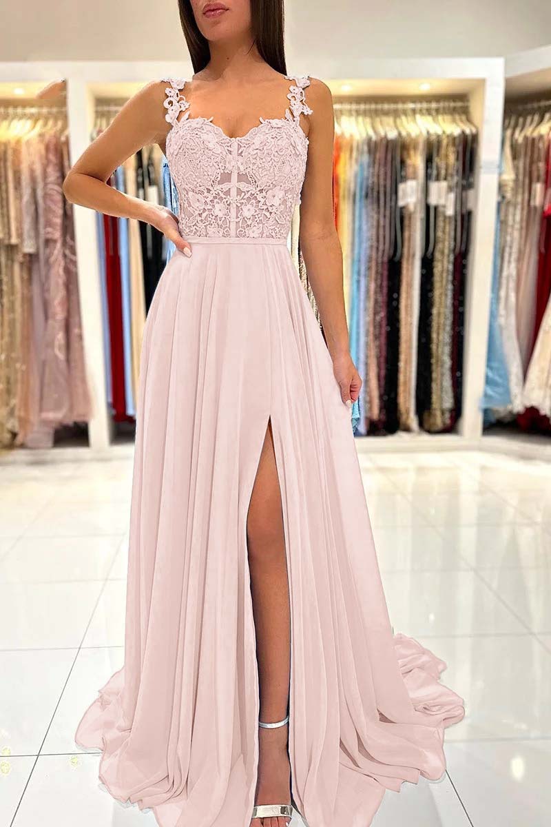 Baby Blue Sweetheart A Line Lace Long Prom Dress With Slit YL0034