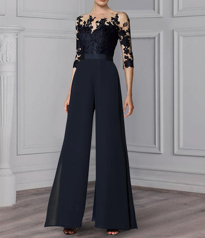 A-Line/Princess Jewel Neck 3/4 Length Sleeves Floor-Length Mother of the Bride Pantsuits with Applique