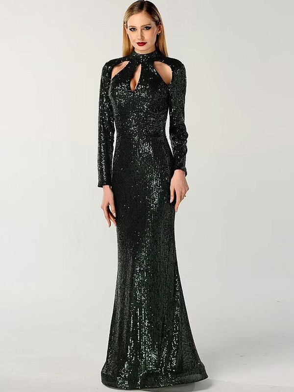 Okdais Black Green Long Sleeve Prom Dress Sexy Mermaid Dress LM0054