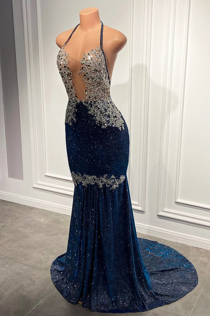 Blue Spaghetti-Straps Mermaid Long Prom Dress With Sequins PD0729