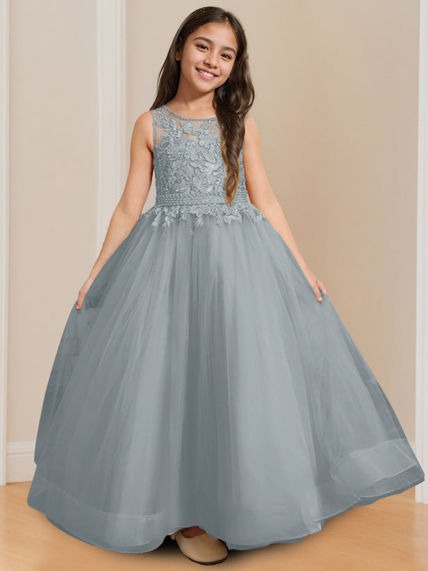 Ball-Gown Round Neck Sleeveless Floor-Length Flower Girl Dress with Appliques