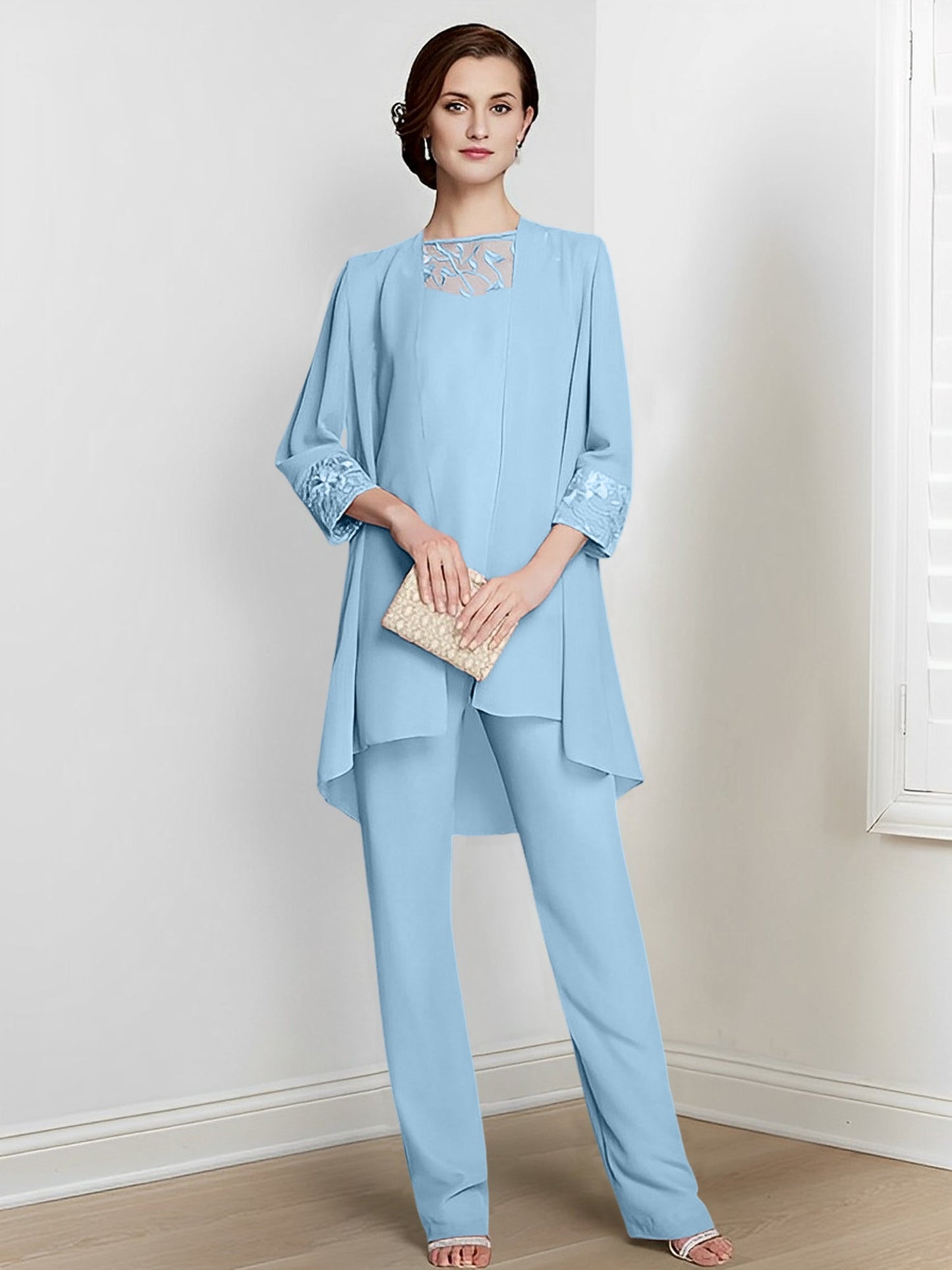 Chiffon Square Neck Long Sleeves Floor-Length Mother Of The Bride Pantsuits With Jacket