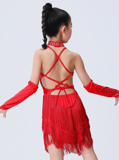 Latin Dance Kids' Dancewear Dress Tassel Side Draping Sleeveless Girls' Performance  Polyester