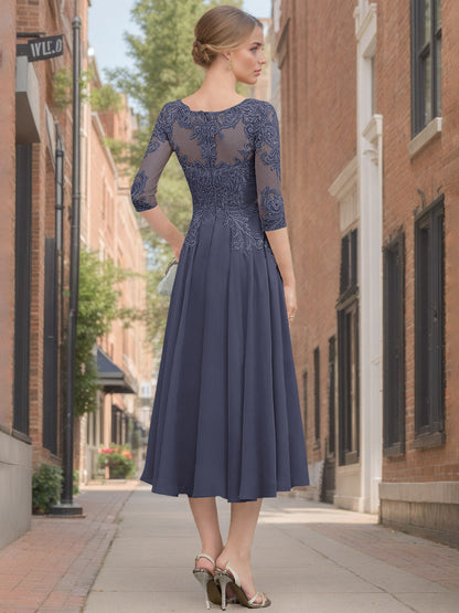 A-Line/Princess Scoop Neck Half Sleeves Tea-Length Mother of the Bride Dresses with Appliques & Lace