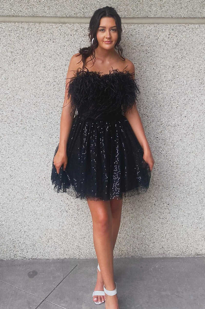 A-Line Black Sequin Feather Short Party Dress  gh1353