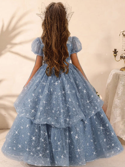 Short Sleeves Ball Gown Beading Round Neck Girl Party Dress with Rhinestones