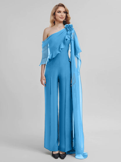 Jumpsuits One-Shoulder Half Sleeves Chiffon Mother Of The Bride Pantsuits