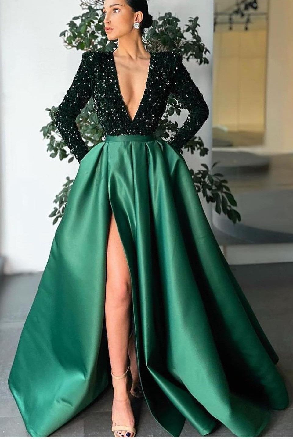 Deep V-Neck Long Sleeves Mermaid Prom Dress Split With Sequins  PD0860