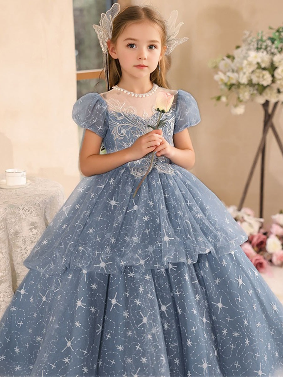 Short Sleeves Ball Gown Beading Round Neck Girl Party Dress with Rhinestones