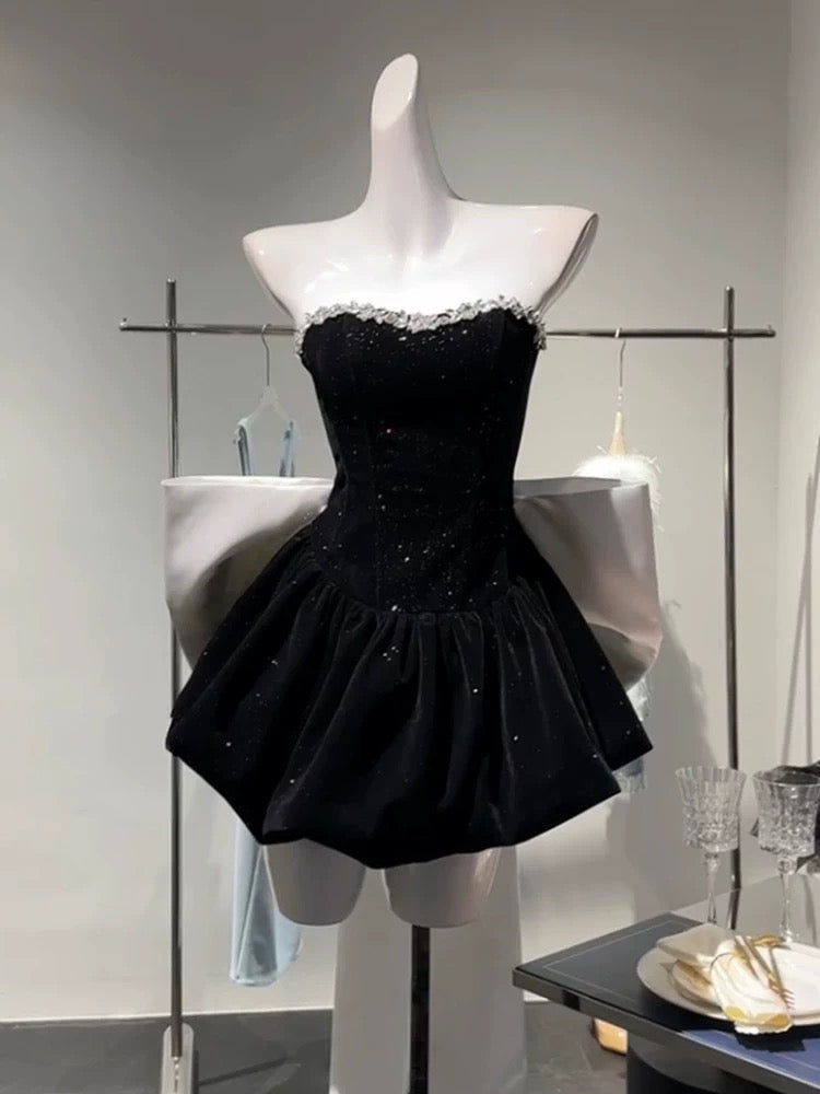 Chic A Line Strapless Black Velvet Cocktail Dresses Short Homecoming Dress