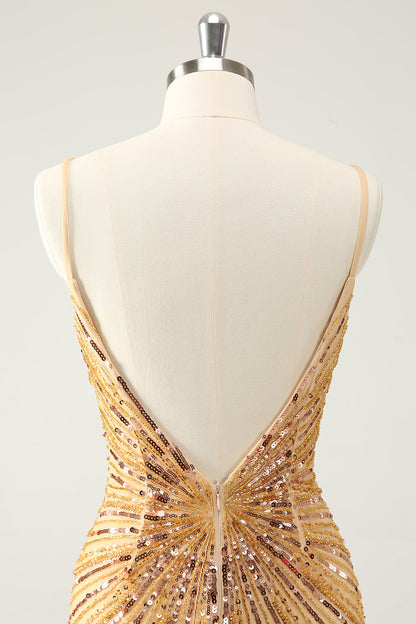 Golden Tight Spaghetti Straps Homecoming Dress with Sequins