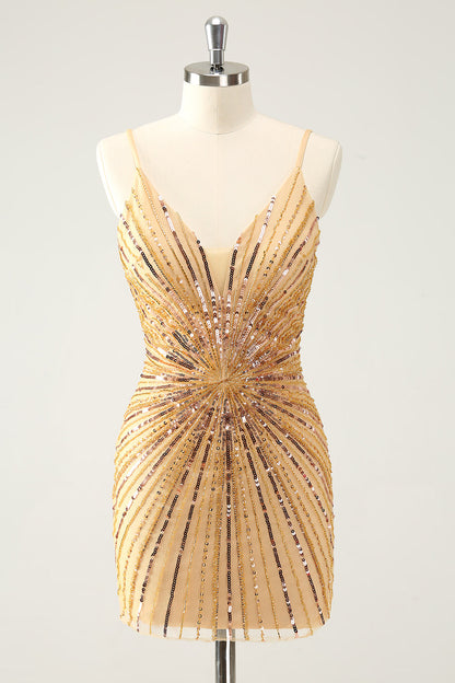 Sparkly Golden Tight Spaghetti Straps Backless Homecoming Dress with Sequins