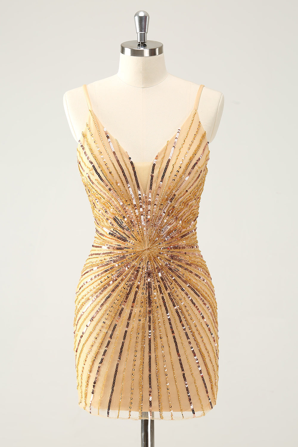 Golden Tight Spaghetti Straps Homecoming Dress with Sequins