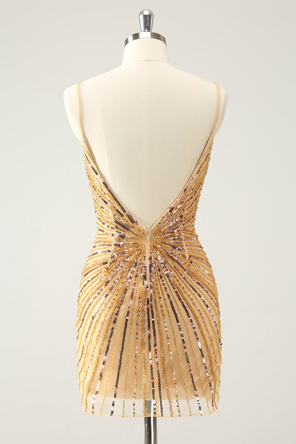 Sparkly Golden Tight Spaghetti Straps Backless Homecoming Dress with Sequins