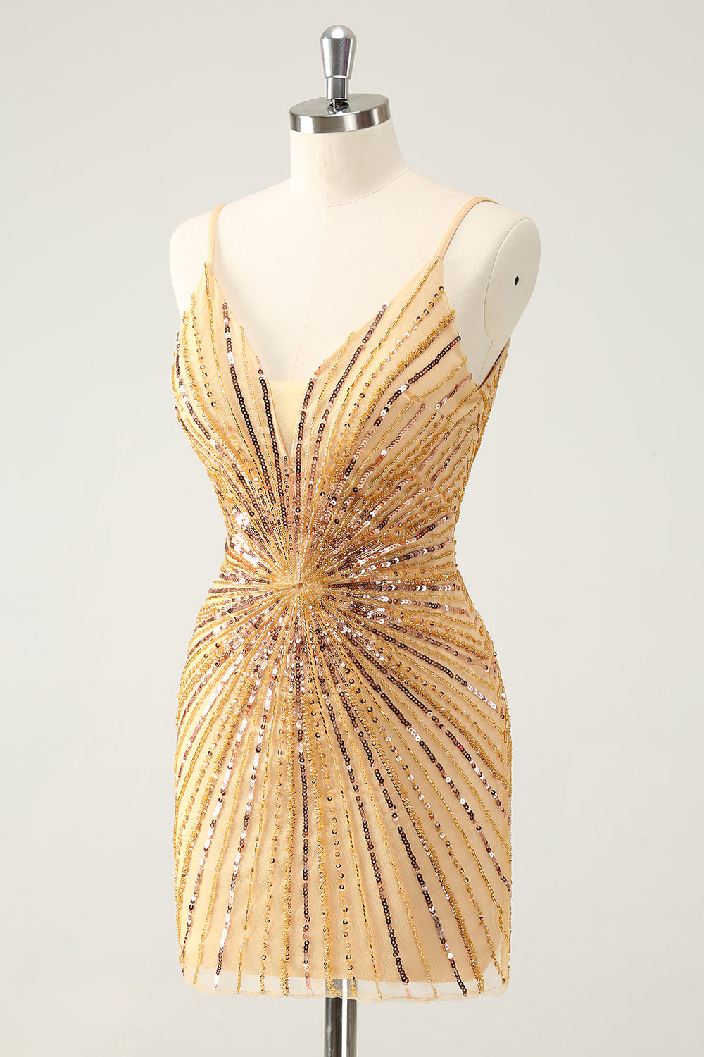 Sparkly Golden Tight Spaghetti Straps Backless Homecoming Dress with Sequins