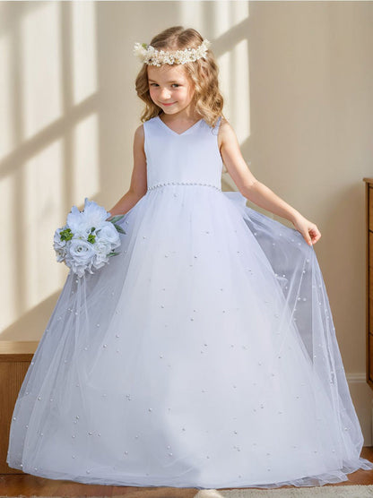 Elegant Princess Ball Gown Satin & Tulle Flower Girl Dress