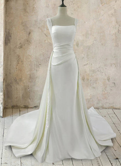 Trumpet/Mermaid White Square Neck Sleeveless Wedding Dresses with Appliques & Beadings