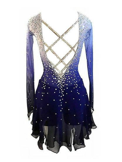 Blue Figure Skating Dress Wear Women's Girls' Long Sleeve Ice Skating Dress