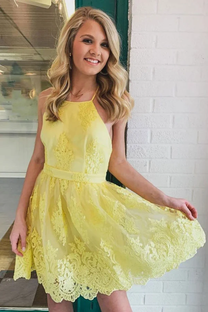 Backless Short Lace Appliques Prom Dresses,A Line Yellow Graduation Homecoming Dresses,Cocktail Dress  gh1648