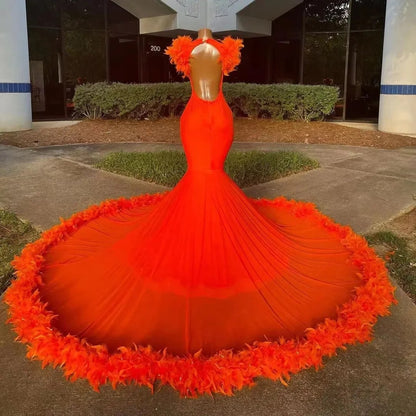 edgynewlook Sleeveless Charming Beads Mermaid Orange Prom Dress Appliques With Feathers