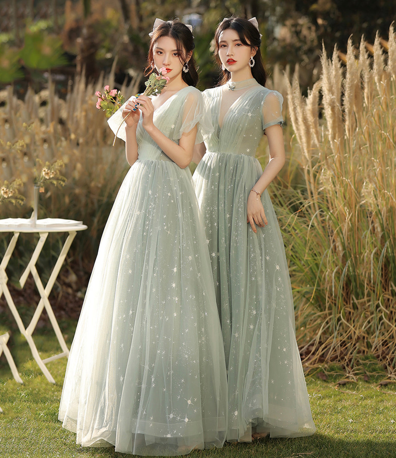 Green tulle long A line prom dress bridesmaid dress  8886