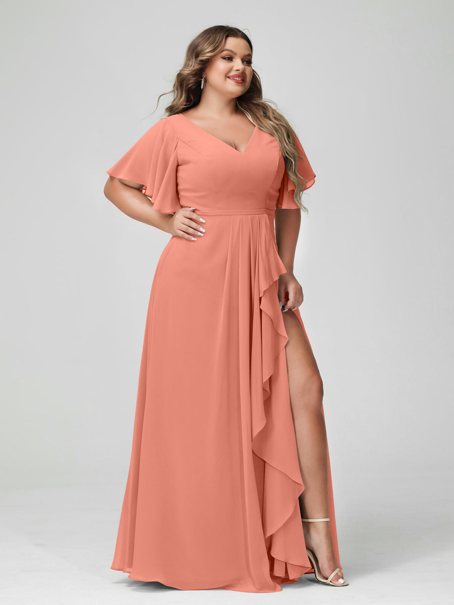 A-Line/Princess V-Neck Half Sleeves Chiffon Plus Size Bridesmaid Dresses with Split Side & Ruffles