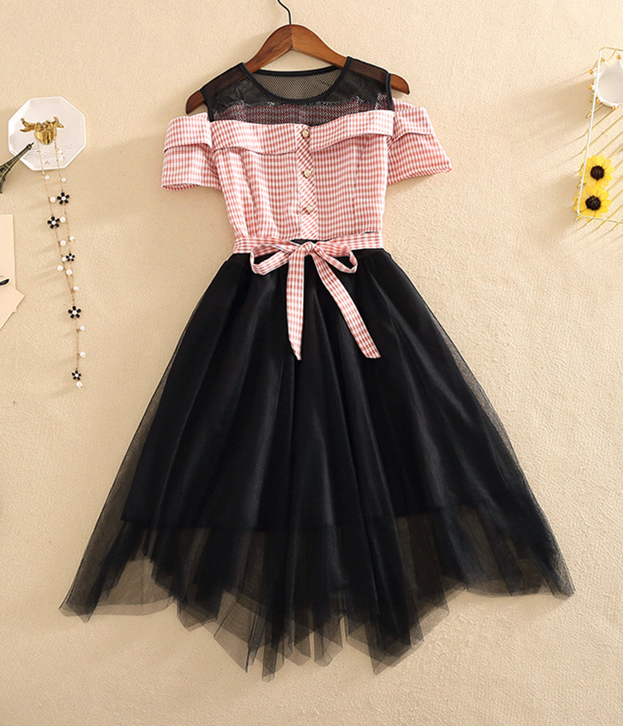 Fashion girl dress A line plaid tulle dress  1235