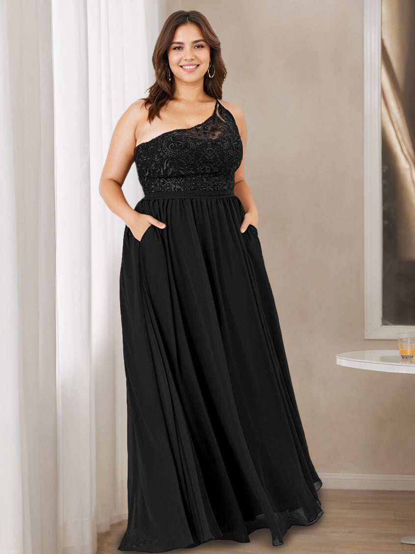 A Line/Princess One-Shoulder Sleeveless Floor-Length Bridesmaid Dresses with Lace,Beaded & Embroidered