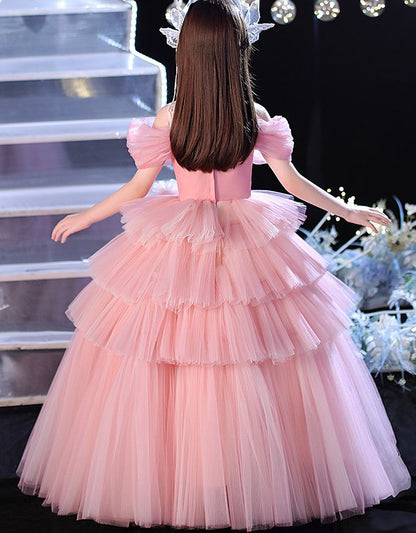 Ball Gown Off-the-shoulder Floor-Length Layers Pleats Flower Girl Dress with Flower