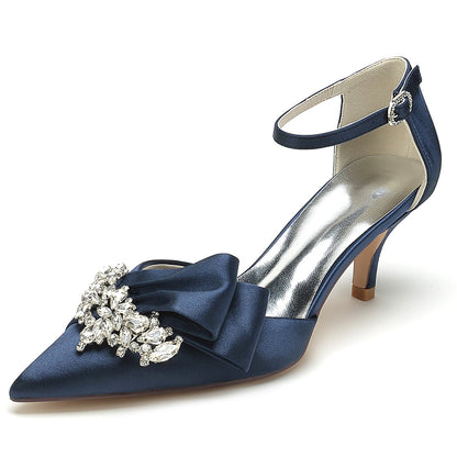 Women's Wedding Shoes Silk Satin Rhinestone Bow Mid Pointed Toe Buckle Bridal Shoes