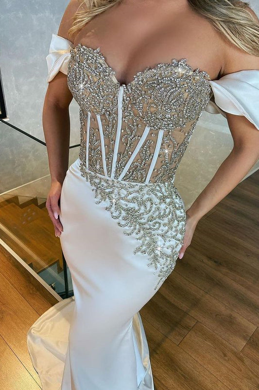 Beautiful White Off-The-Shoulder Appliques Long Mermaid Prom Dress ED0645