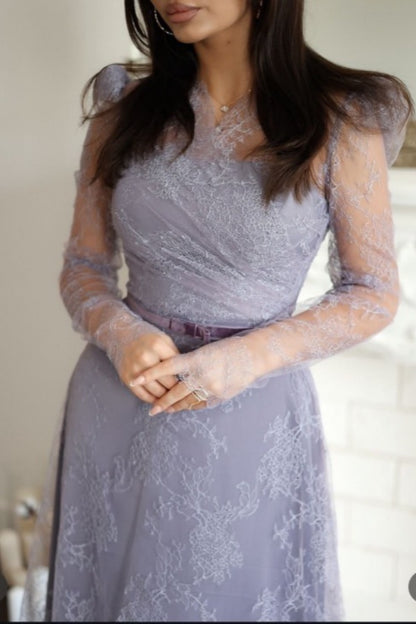 Lilac Lace Mermaid Long Sleeves Prom Dress SO0003