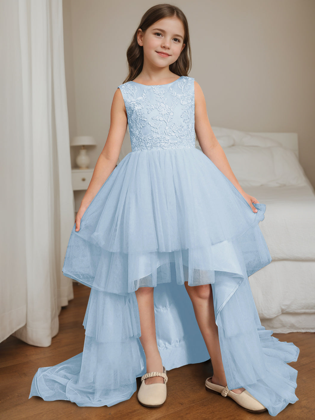 Ball-Gown Scoop Neck Sleeveless Asymmetrical Flower Girl Dress with Bowknot