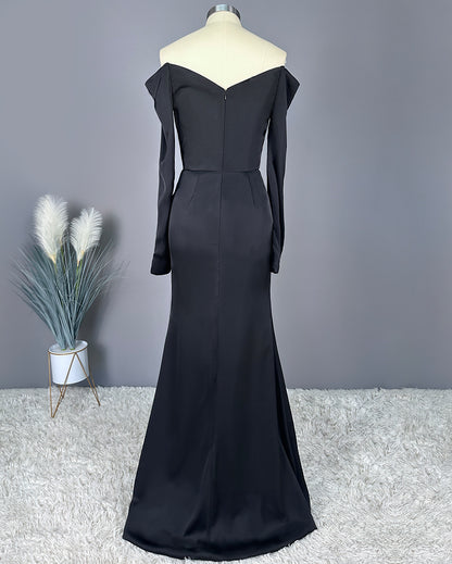 Okdais Elegant Prom Dress Long Black V Neck Off-the-shoulder High Slit X0024