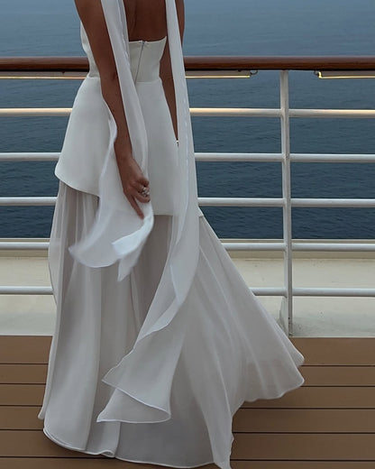 White Strapless Satin Chiffon Split Holiday Summer Prom Dress ZT0604