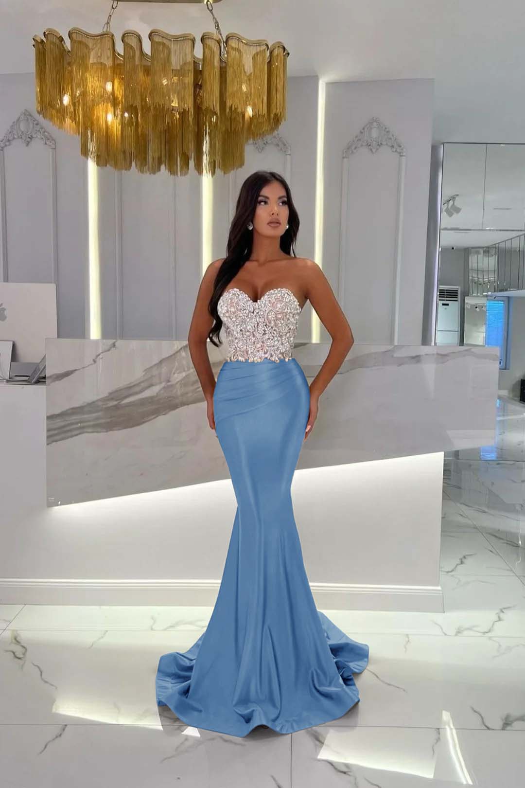 Prom Dress Satin Gold Sweetheart Sleeveless StraplessWith Rhinstone Mermaid YL0278